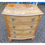 20TH CENTURY WALNUT BOW FRONT CHEST OF 4 DRAWERS ON BRACKET SUPPORTS