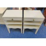 PAIR OF WHITE BEDSIDE CABINETS WITH SINGLE DRAWER OVER SHELF WITH SQUARE TAPERED SUPPORTS