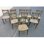 NINE EARLY 20TH CENTURY KITCHEN CHAIRS WITH RUSH WORK SEATS AND TURNED SUPPORTS