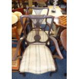 PAIR EARLY 20TH CENTURY MAHOGANY OPEN ARMCHAIRS ON SHAPED SUPPORTS