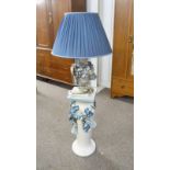 PORCELAIN TABLELAMP WITH BLUE SHADE ON STAND