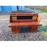 19TH CENTURY CYLINDER TWIN PEDESTAL BUREAU WITH ROLL TOP OPENING TO FITTED INTERIOR OVER 6 DRAWER