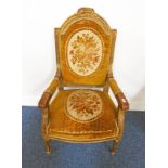 LATE 19TH CENTURY CARVED GILT WOOD OPEN ARMCHAIRS ON TURNED SUPPORTS