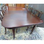 MAHOGANY 2 PART DINING TABLE ON SQUARE SUPPORTS Condition Report: 241cm long,