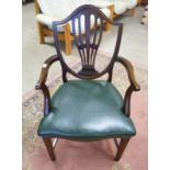 19TH CENTURY MAHOGANY OPEN ARMCHAIR WITH GREEN LEATHER SEAT ON SQUARE SUPPORTS