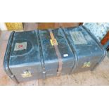 WOOD BOUND LEATHER TRUNK AND CONTENTS