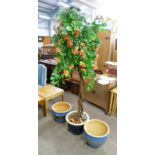 3 FLOWER POTS AND DECORATIVE TREE