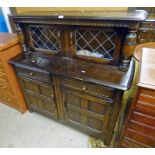 OAK COURT CUPBOARD WITH LEADED GLASS PANEL DOORS