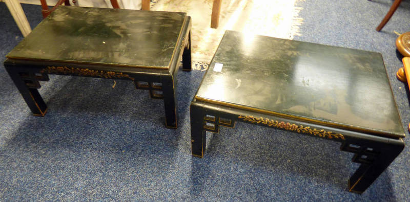 PAIR OF ORIENTAL LACQUER LOW TABLES WITH GILT DECORATION