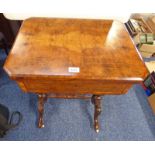 19TH CENTURY INLAID WALNUT GAMES/SEWING TABLE WITH FOLD OUT TOP OPENING TO INLAID CHEQUERBOARD,