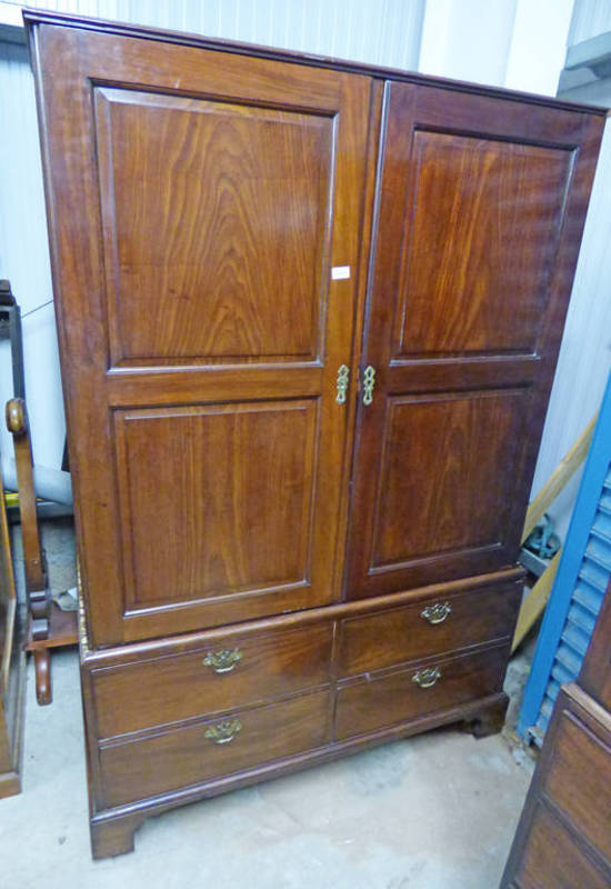 19TH CENTURY MAHOGANY WARDROBE WITH 2 PANEL DOORS OVER 4 DRAWERS ON BRACKET SUPPORTS
