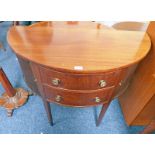 19TH CENTURY MAHOGANY DEMI LUNE SIDEBOARD WITH 2 DRAWERS FLANKED BY TAMBOUR PANELS ON SQUARE