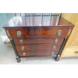 19TH CENTURY MAHOGANY CHEST OF 4 DRAWERS WITH GILT METAL MOUNTS & SQUARE SUPPORTS