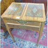 19TH CENTURY BRASS AND TORTOISESHELL INLAID ROSEWOOD SEWING BOX WITH LIFT UP TOP OVER DRAWER ON