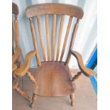 SET OF 6 ELM KITCHEN ARMCHAIRS ON TURNED SUPPORTS