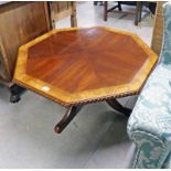 OCTAGONAL WALNUT COFFEE TABLE ON CARVED SPREADING SUPPORTS