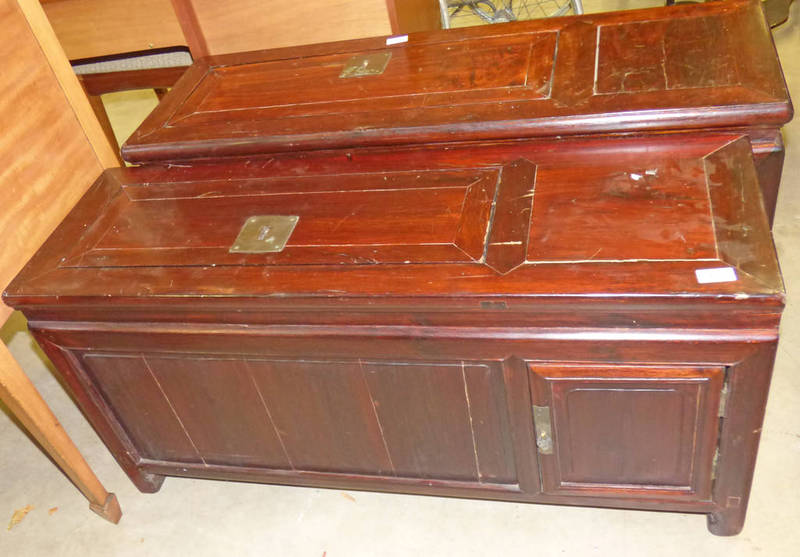 ORIENTAL HARDWOOD RECTANGULAR HALL BENCH WITH LIFT UP TOP AND PANEL DOOR