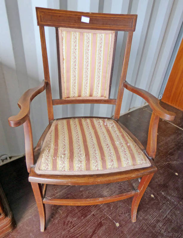 LATE 19TH CENTURY INLAID MAHOGANY OPEN ARMCHAIR ON GLAZED SUPPORTS