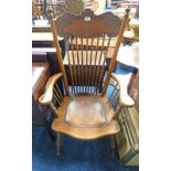 EARLY 20TH CENTURY OAK OPEN ARMCHAIR WITH SPAR BACK AND TURNED SUPPORTS