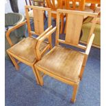 PAIR OF 20TH CENTURY BEECH AND WALNUT OPEN ARMCHAIRS ON SQUARE SUPPORTS
