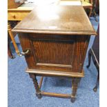 EARLY 20TH CENTURY OAK BEDSIDE CABINET WITH PANEL DOOR & BARLEY TWIST SUPPORTS