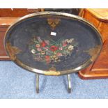 19TH CENTURY FLORAL DECORATED PAPER MACHE OVAL FLIP TOP TABLE ON SHAPED SUPPORTS
