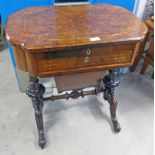 LATE 19TH CENTURY INLAID WALNUT SEWING TABLE/LADIES DESK WITH FITTED INTERIOR ON CARVED SPREADING