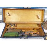 WOOD WORKING CHEST WITH CONTENTS OF VARIOUS TOOLS TO INCLUDE SCREW DRIVERS, DRILL BITS,