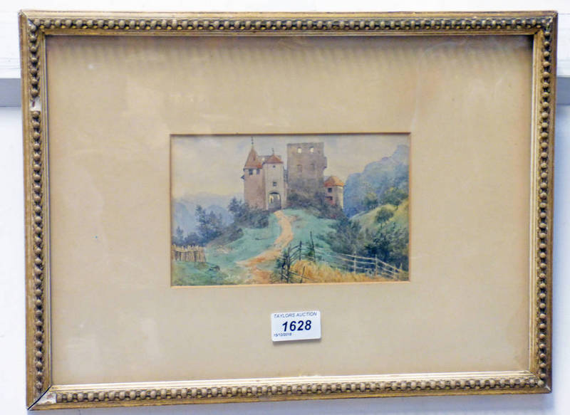 VAN DE VELDE CASTLE ON HILL GILT FRAMED WATER COLOUR SIGNED 11 X 18 CM