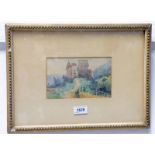 VAN DE VELDE CASTLE ON HILL GILT FRAMED WATER COLOUR SIGNED 11 X 18 CM