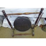 ARTS & CRAFTS STYLE BRASS GONG ON HARDWOOD STAND WITH BEATER Condition Report: Gong