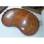 INLAID MAHOGANY KIDNEY SHAPED SEWING TRAY WITH BRASS HANDLE