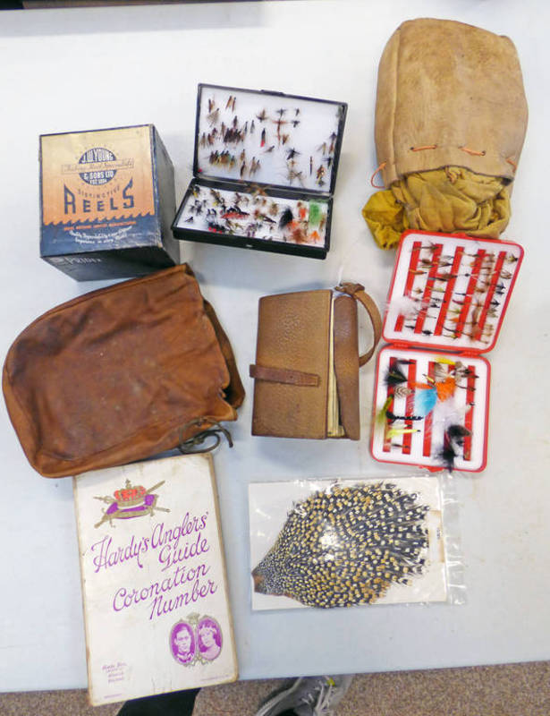 HARDY'S ANGLERS GUIDE CORONATION NUMBER BOOK, LEATHER FLY WALLET WITH CONTENTS OF FLIES,