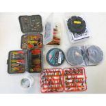 SELECTION OF FLY FISHING FLIES AND ONE TO INCLUDE SALMON POLY LEADER, LEEDA FLY BOX FULL OF FLIES,