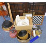 VARIOUS CROCHET WARE, BOWLER HAT, BLACK TOP HAT, VARIOUS BRASS SHELLS ETC,