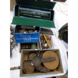 SELECTION OF ITEMS TO INCLUDE A TOOL BOX WITH CONTENTS OF VARIOUS TOOLS, CRUISE OIL LAMPS, WEIGHTS,