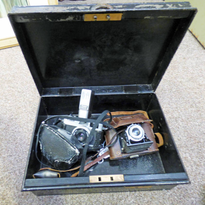 CANON CAMERA ETC IN METAL BOX