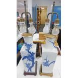 PAIR CHINESE BLUE & WHITE TABLE LAMP CONVERTED FROM VASES 77CM TALL Condition Report: