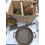 COPPER DOUBLE HANDLED PAN, BRASS LIGHT, VARIOUS BRASS ITEMS, SPRAYERS,