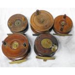 FIVE WOODEN NOTTINGHAM REELS,