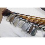 SELECTION OF HICKORY SHAFTED AND OTHER GOLF CLUBS TO INCLUDE THE MILLS BENT NECK PUTTER R.M.