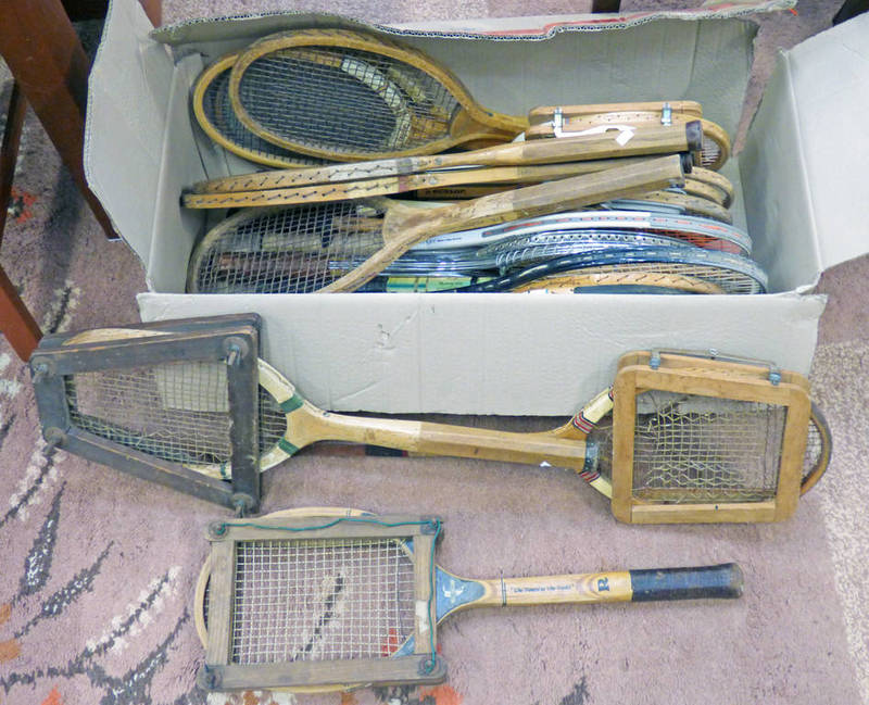 VARIOUS TENNIS RACKETS TO INCLUDE DUNLOP, RAWLINGS, SLAZENGER ETC.