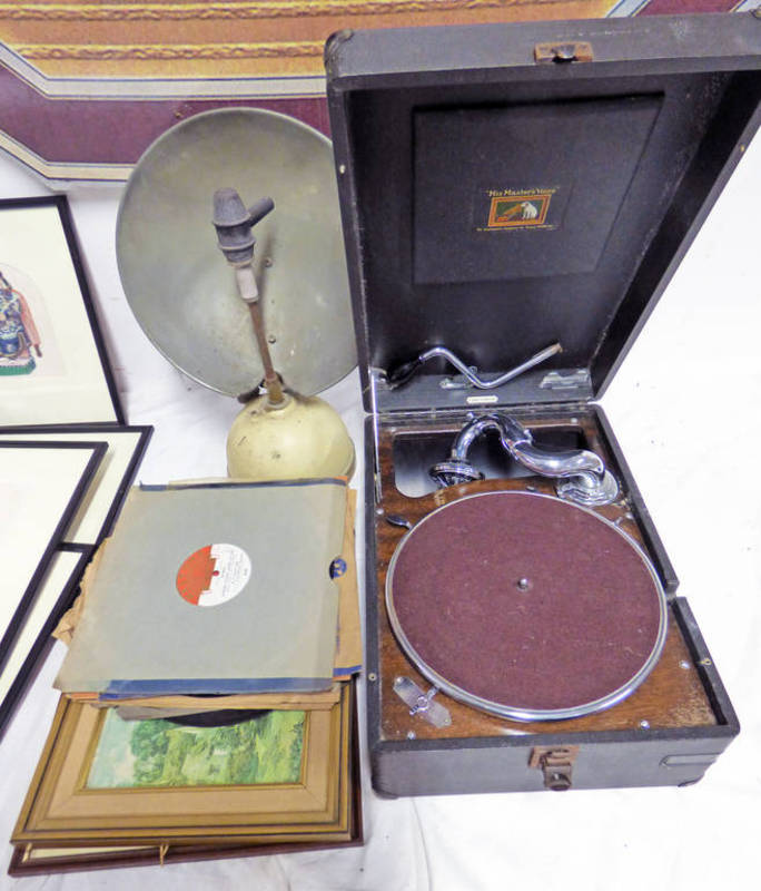 TILLEY R1 RADIATOR, HIS MASTERS VOICE GRAMOPHONE PLAYER, SELECTION OF RECORDS,