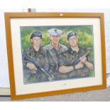 FRAMED UNSIGNED PASTEL OF PRINCE HARRY WITH 2 SOLDERS 46 X 62CM