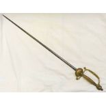 20TH CENTURY COURT SWORD WITH DECORATED BRASS STIRRUP HILT AND POMMEL,