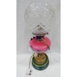 19TH CENTURY PARAFFIN LAMP WITH FLORAL DECORATED PINK RESERVOIR, BRASS COLUMN ON GREEN CERAMIC BASE,