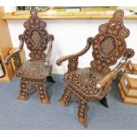 PAIR LATE 19TH/ EARLY 20TH CENTURY EASTERN OPEN ARMCHAIRS WITH INLAID BONE DECORATION 120 CM TALL