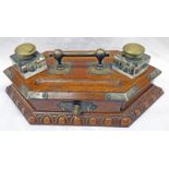 EARLY 20TH CENTURY CARVED OAK INK STAND WITH MOUNTS AND GLASS BOTTLES Condition Report: