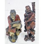 CHINESE POTTERY FIGURE OF A MAN SEATED AND HARDWOOD CHINESE FIGURE 37 CM