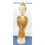 LARGE PARTIAL GLAZED HAN DYNASTY STYLE COURT LADY 79 CM TALL